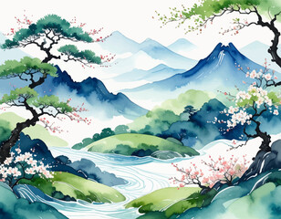 Serene landscape with trees, mountains, and river view. Mountain scenery with blooming trees and flowing stream. Beautiful mountain range with river and flowering trees.. Scenic nature view