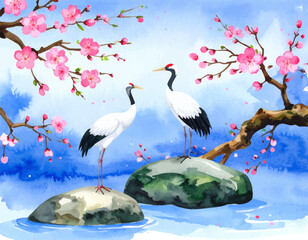 Birds in spring landscape, crane on water's edge. Watercolor art of cranes near river and blooming tree. Two elegant cranes under pink cherry blossoms. Beautiful nature with cranes in Japanese scenery