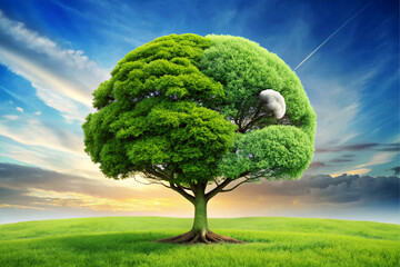 Lush Green Tree Yin Yang Foliage Spring Sunset Field