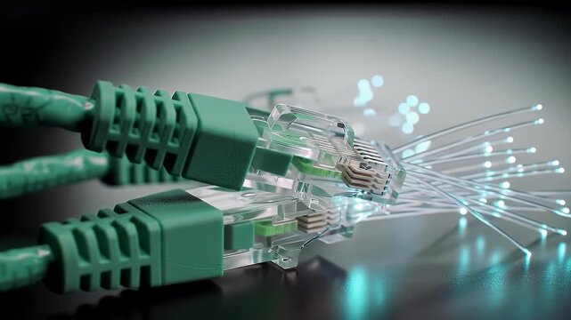 Green Ethernet Cables with Translucent Connectors Emitting Blue Light on Reflective Black Surface for Data Connectivity