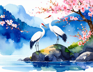 Beautiful cranes by the river with cherry blossoms. Serene Japanese cranes on a rock, spring atmosphere. Elegant cranes and cherry blossoms in spring landscape. Two cranes standing on rocks

