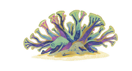 Pixelated Coral Reef Formation with Yellow Grains on Transparent Background Aquatic Marine Life in Blue Green and Purple Color