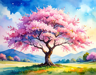 Cherry blossom tree in vibrant watercolor painting.. Beautiful pink cherry tree with colorful floral blooms. Watercolor artwork of a blooming sakura tree in spring. Blossom-filled tree painting