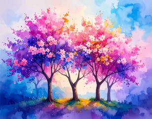 Dreamy spring tree blossoms in watercolor style. Floral trees with a beautiful colorful backdrop. Watercolor trees with vivid spring flowers. A peaceful garden with blossoming trees in spring