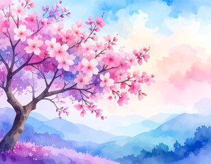 Peaceful landscape with vibrant sakura flowers. Gentle sakura tree in a soft watercolor landscape. Serene spring scene with blossoming cherry trees. Blooming sakura tree in a dreamy pastel environment