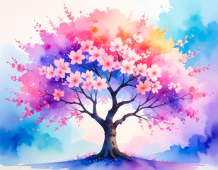 Tree with pink blossoms surrounded by watercolor hues. Stunning watercolor of a blossoming tree in spring. Watercolor painting of a vibrant cherry blossom tree. Pink and purple cherry blossoms tree