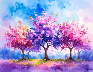 Colorful spring trees with vibrant blossoms. Beautiful watercolor trees in bloom. Blossom-filled trees with a dreamy landscape. Artistic spring trees with vibrant colors. Fantasy trees
