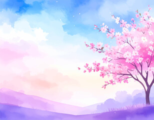 Colorful spring scene with pink cherry blossoms. Watercolor painting of sakura trees in bloom. Pastel hues of cherry blossoms and mountain landscape. Tranquil cherry blossom tree in full bloom