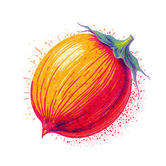 Pixelated Jojoba Fruit Art Design with Orange Red and Splatter Effect on Black Background for Digital Illustration and Decorative Graphic Element