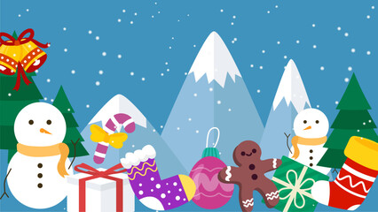 Festive winter scene with snowmen, gifts, candy, and mountains. Suitable for holiday greeting cards, seasonal advertisements, and winter themed designs.
