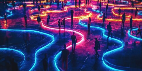 A maze-like digital landscape where people navigate glowing paths toward solutions