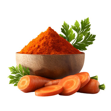 Carrot powder in wooden bowl with fresh carrots and parsley isolated on transparent background