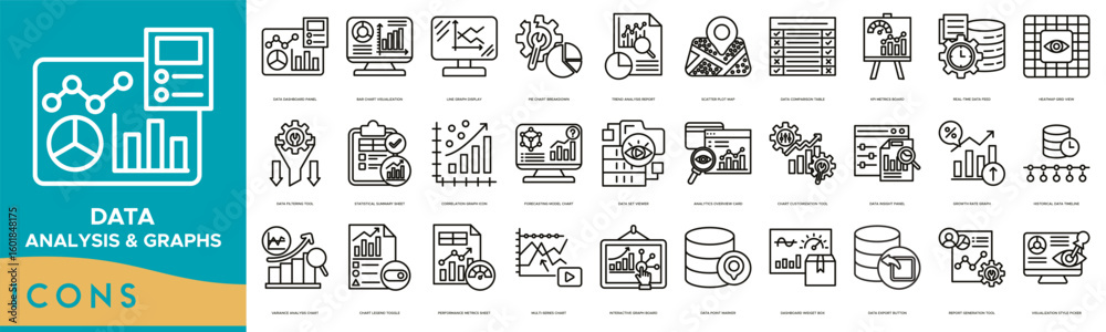 Fototapete Data Analysis and Graphs icon set. Data Dashboard Panel, Bar Chart Visualization, Line Graph Display, Pie Chart Breakdown, Trend Analysis Report and Scatter Plot Map