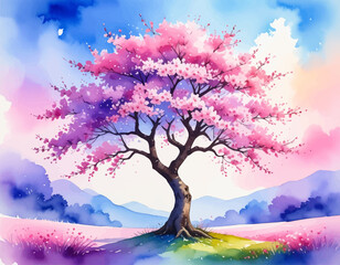 Cherry blossom in vivid watercolor style. Soft pastel sakura tree with blooming flowers. Colorful sakura tree with soft spring sky. Serene cherry blossoms in a watercolor. sakura tree in full blossom