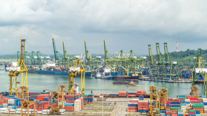 Commercial port of Singapore timelapse. Bird eye panoramic view of busiest Asian cargo port