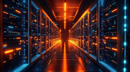 Interior of a data center server room at night, illuminated by orange lights and tech elements 