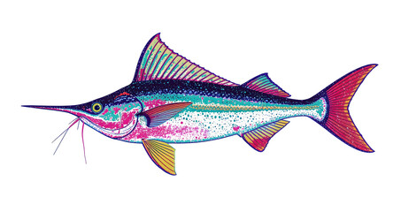 Pixelated Marlin Fish Illustration with Intricate Details in Vibrant Colors on Black Background Digital Artwork Vector Illustration