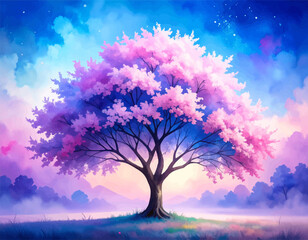 Vibrant springtime sakura tree in bloom. Lovely pink cherry blossom tree in serene. Dreamy sakura tree blooming in bright. Fantasy-inspired cherry tree. Peaceful sakura tree in a magical landscape.