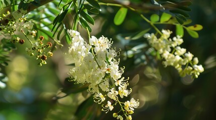 Ethereal Flowers of the White Acacia: Delicate Clusters of Fragrant White Blooms, Feathery Petals, and Soft Green Foliage in Natural Settings, Perfect for Botanical Photography, Wedding Decor, Floral 