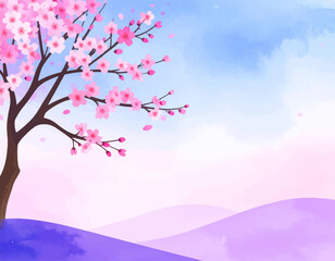 Beautiful cherry blossoms in a peaceful landscape. watercolor painting of a blooming cherry tree. Spring landscape with vibrant cherry blossom tree. Dreamy scenery with pastel-colored cherry blossoms