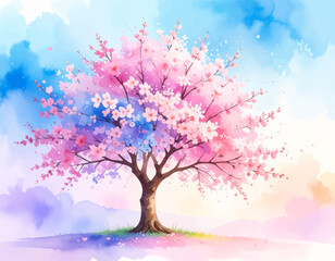 Stunning cherry blossom tree in vibrant colors. Magical sakura tree with colorful blossoms. Beautiful cherry tree under dreamy sky. Blossoming sakura tree in pastel scenery. Peaceful cherry blossoms