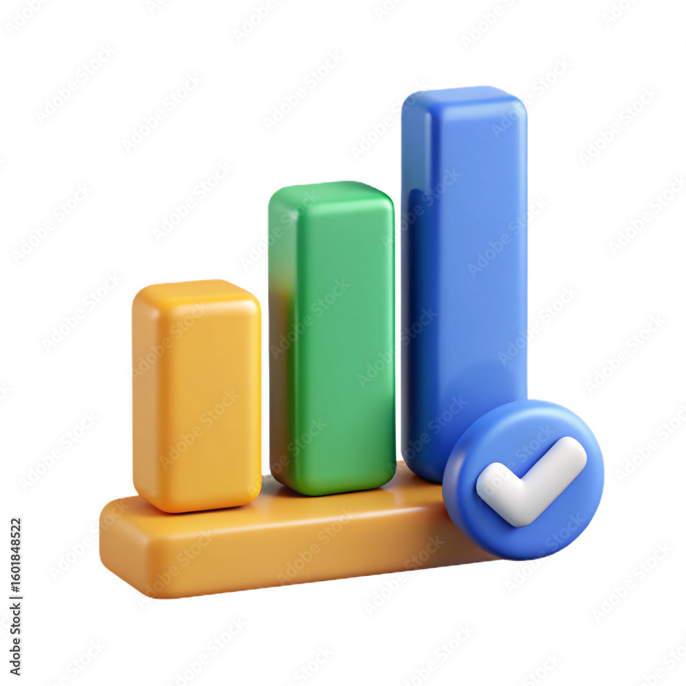 Poster a 3d render of a bar graph with a check mark on a transparent background for data analysis