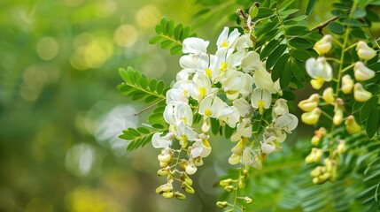 Fototapeta premium Ethereal Flowers of the White Acacia: Delicate Clusters of Fragrant White Blooms, Feathery Petals, and Soft Green Foliage in Natural Settings, Perfect for Botanical Photography, Wedding Decor, Floral 