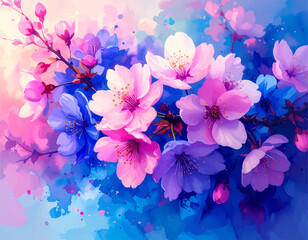 Blossom art with pink flowers on abstract background. Vibrant watercolor cherry blossoms in full bloom. Artistic floral cherry blossom design in watercolor. Colorful spring flowers watercolor painting