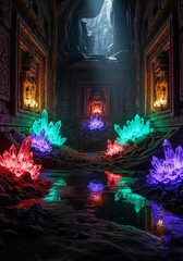Fantasy crystal cave adventure exploring glowing gems and ancient ruins with water reflections scene design