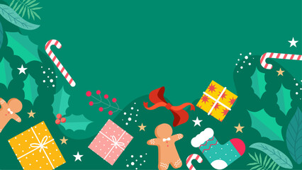 Festive Christmas scene with gifts, candy, gingerbread men ideal for holiday promotions, greeting cards, and seasonal marketing materials.