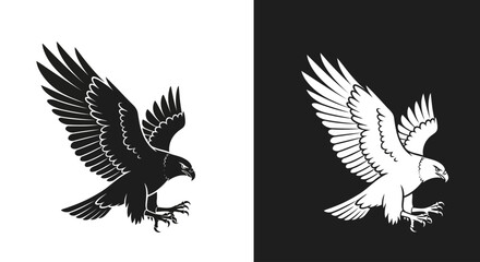 Fototapeta premium Two stylized eagle illustrations, one black on white, the other white on black, both in a dynamic flying pose.