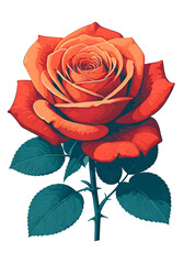 Pixelated Red and Orange Rose with Teal Leaves on Transparent Background Digital Art