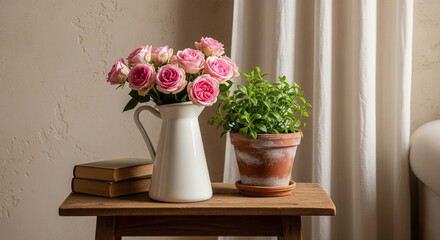 Still life photography of pink roses in a white vase with books and a potted plant on a wooden table top