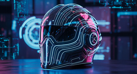 Futuristic motorcycle helmet glowing neon light design technology safety gear cyber punk style head protection 100