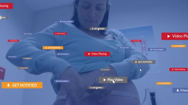 Pregnant patient wrapping tape measure around bump in clinic firing UI overlays tracking accuracy