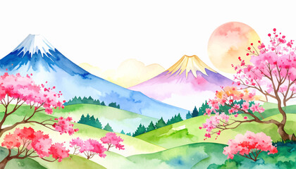 Fototapeta premium Pink blossoms and majestic Fuji in a peaceful scenery. Colorful landscape with cherry blossoms and snow-capped peak. Tranquil scene with sakura trees and serene mountains. Soft pastel colors
