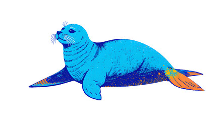 Pixelated Seal Illustration with Blue and Orange Color Palette Against Black Backdrop