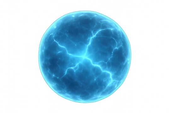 Electric currents swirling within luminous blue energy sphere, radiating technological power against transparent backdrop