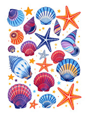 Pixelated Seashells and Starfish on Black Background Digital Artwork Marine Life Design with Blue Red and Orange Hue Aquatic Theme