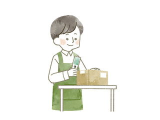 ハンディターミナルを持って仕事をしているエプロンを着用した男性-水彩