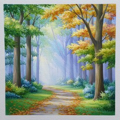 Autumn Forest Path Sunlight Dappled Through Colorful Trees