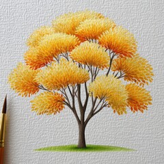 Autumn Tree Illustration Golden and Orange Leaves on Gray Textured Background