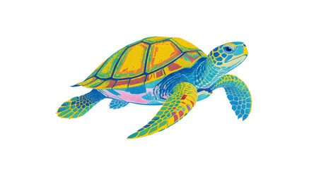 Pixelated Sea Turtle with Yellow and Blue Coloration on Transparent Background