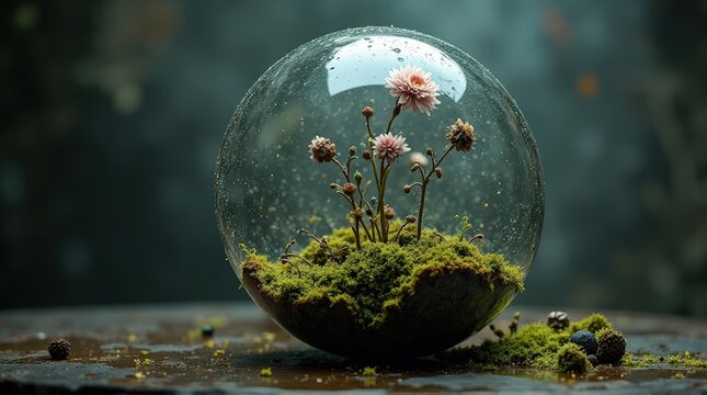 Glass Terrarium with Blooming Flowers and Moss Inside Artistic Decorative Miniature Garden