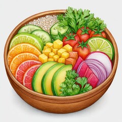 Colorful Watercolor Quinoa Bowl with Fresh Fruits and Vegetables
