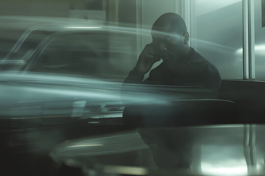 Pensive Man Calling with Smartphone Indoors in Teal Light, motion blur Business concept, motion bokeh background