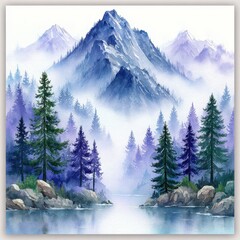 Misty Mountain Lake Landscape Painting with Purple and Blue Hues