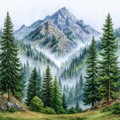 Misty Mountain Landscape with Lush Green Conifers