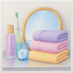 Pastel Bathroom Still Life with Folded Towels and Mirror