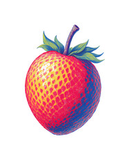 Pixelated Strawberry Illustration on Transparent Background Featuring Vibrant Colors and Detailed Texture with Visible Seeds and a Green Stem and Leaves